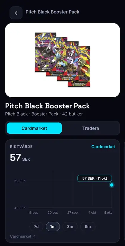 Produktsidan i appen med riktvärde från Cardmarket