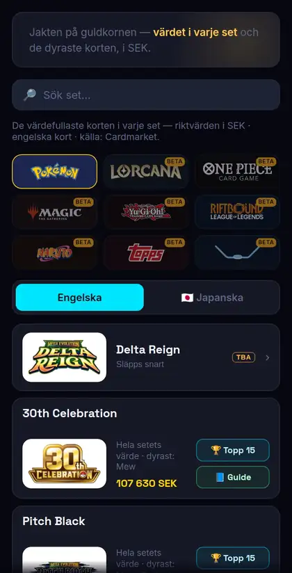 Värde per set i appen